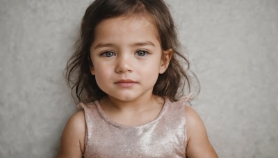 1girl,solo,long hair,looking at viewer,blue eyes,brown hair,black hair,dress,bare shoulders,closed mouth,upper body,sleeveless,grey background,black eyes,lips,grey eyes,child,realistic,female child,brown eyes,expressionless,portrait