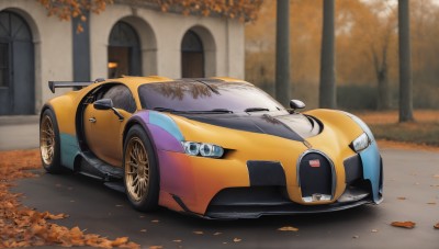 HQ,outdoors,blurry,tree,no humans,leaf,ground vehicle,motor vehicle,car,road,autumn leaves,vehicle focus,autumn,wheel,sports car,solo,window