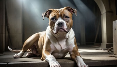 HQ,solo,looking at viewer,brown eyes,closed mouth,full body,indoors,signature,no humans,animal,sunlight,cat,dog,light rays,realistic,animal focus,pillar,column,watermark,web address