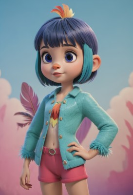 1girl,solo,looking at viewer,smile,short hair,bangs,blue eyes,shirt,black hair,hair ornament,long sleeves,navel,closed mouth,blue hair,standing,jacket,multicolored hair,cowboy shot,outdoors,open clothes,sky,shorts,day,midriff,belt,cloud,flat chest,two-tone hair,open jacket,blue sky,lips,hand on hip,short shorts,open shirt,buttons,feathers,blue jacket,child,freckles,unbuttoned,female child,red shorts,denim jacket,blue shirt,nose