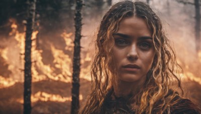 1girl,solo,long hair,looking at viewer,blonde hair,brown hair,black hair,1boy,brown eyes,male focus,multicolored hair,outdoors,parted lips,armor,blurry,black eyes,tree,lips,depth of field,blurry background,wavy hair,portrait,nature,forest,freckles,curly hair,realistic,straight-on,blue eyes,grey eyes,expressionless