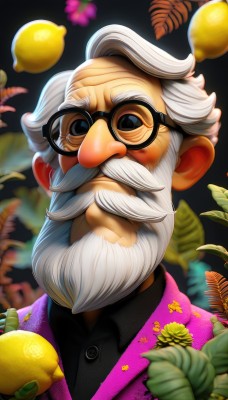 solo,looking at viewer,smile,shirt,1boy,holding,closed mouth,jacket,upper body,flower,white hair,grey hair,male focus,food,glasses,collared shirt,artist name,blurry,black eyes,black shirt,buttons,fruit,blurry background,facial hair,leaf,thick eyebrows,bug,portrait,beard,black-framed eyewear,yellow flower,mustache,pink jacket,purple jacket,old,old man,lemon,wrinkled skin,blue eyes,depth of field,web address,realistic