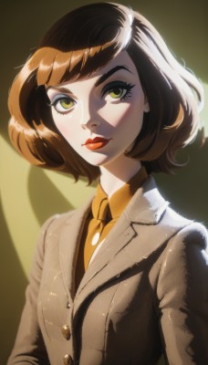 1girl,solo,looking at viewer,smile,short hair,bangs,brown hair,shirt,long sleeves,closed mouth,green eyes,jacket,upper body,necktie,shiny,collared shirt,lips,eyelashes,makeup,buttons,swept bangs,shadow,formal,bob cut,suit,lipstick,brown jacket,nose,red lips