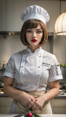 1girl,solo,looking at viewer,short hair,bangs,brown hair,shirt,hat,holding,brown eyes,white shirt,upper body,short sleeves,parted lips,food,indoors,mole,blurry,apron,lips,makeup,buttons,blurry background,white headwear,knife,lipstick,waist apron,realistic,red lips,holding knife,kitchen,chef hat,chef,cutting board,mole on cheek,jewelry,earrings,ring,name tag,kitchen knife