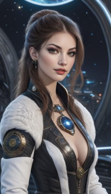 1girl,solo,long hair,breasts,looking at viewer,brown hair,cleavage,brown eyes,jewelry,medium breasts,upper body,earrings,parted lips,signature,necklace,blurry,lips,fur trim,makeup,blurry background,lipstick,eyeshadow,freckles,realistic,nose,red lips,planet,jacket,ponytail,gem,forehead