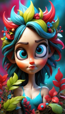 1girl,solo,breasts,looking at viewer,blush,blue eyes,hair ornament,dress,cleavage,bare shoulders,closed mouth,blue hair,collarbone,upper body,flower,red hair,multicolored hair,small breasts,green hair,sleeveless,artist name,hair flower,blurry,aqua eyes,lips,eyelashes,aqua hair,makeup,blurry background,leaf,thick eyebrows,plant,lipstick,red flower,eyeshadow,freckles,wide-eyed,nose,red lips,mascara,long hair,shirt,two-tone hair,animal,watermark,tank top,blue shirt,monster girl,camisole,fish,snail