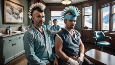 brown hair,shirt,black hair,gloves,brown eyes,sitting,male focus,multiple boys,indoors,white gloves,2boys,window,headband,facial hair,3boys,beard,realistic,mustache,painting (object),arm hair,dark skin,chair,mohawk,afro