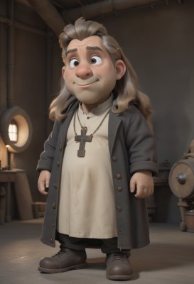 1girl,solo,long hair,looking at viewer,blush,smile,brown hair,long sleeves,1boy,brown eyes,jewelry,closed mouth,standing,full body,grey hair,male focus,shoes,pants,indoors,necklace,coat,buttons,black pants,thick eyebrows,cross,aged down,child,male child,cross necklace,open clothes,artist name,black footwear,watermark,web address,clenched hands,robe,candle,fat