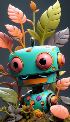 solo,blue eyes,flower,grey background,blurry,gradient background,no humans,leaf,plant,robot,mecha,science fiction,humanoid robot,non-humanoid robot,looking at viewer,simple background,upper body,artist name,tree,branch