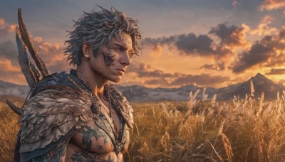 solo,short hair,blue eyes,1boy,jewelry,closed mouth,upper body,weapon,grey hair,male focus,earrings,outdoors,sky,sword,artist name,cloud,cape,armor,blurry,from side,tattoo,profile,muscular,scar,facial mark,cloudy sky,feathers,pectorals,muscular male,shoulder armor,sunset,mountain,realistic,looking afar,field,twilight,chest tattoo,mountainous horizon,nipples,necklace,lips,piercing,scenery,pauldrons,fantasy,stud earrings,facial tattoo,weapon on back,evening,orange sky,neck tattoo