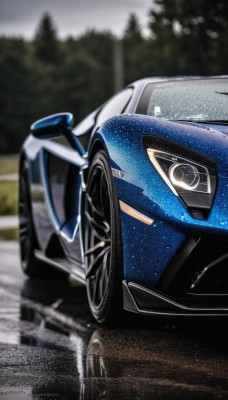 solo,outdoors,blurry,tree,no humans,blurry background,ground vehicle,motor vehicle,reflection,car,road,vehicle focus,photo background,wheel,sports car,sky,night