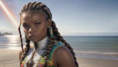 1girl,solo,long hair,looking at viewer,brown hair,black hair,bare shoulders,brown eyes,jewelry,upper body,braid,multicolored hair,earrings,outdoors,sky,sleeveless,day,dark skin,water,necklace,blurry,twin braids,dark-skinned female,blue sky,lips,eyelashes,blurry background,ocean,beach,sunlight,forehead,realistic,nose,sand,horizon,very dark skin,dreadlocks,multiple braids,blue eyes,hair ornament,closed mouth,cloud,scenery,light rays,sunbeam