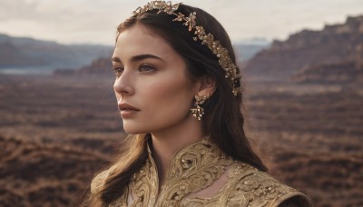 1girl,solo,long hair,brown hair,black hair,hair ornament,brown eyes,jewelry,upper body,earrings,outdoors,parted lips,day,blurry,lips,eyelashes,depth of field,blurry background,looking away,portrait,freckles,realistic,nose,looking afar,sky,tiara