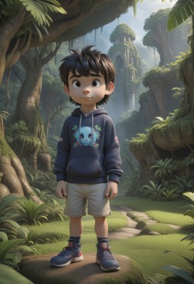 solo,looking at viewer,short hair,brown hair,black hair,long sleeves,1boy,brown eyes,closed mouth,standing,full body,male focus,outdoors,sky,shoes,shorts,day,socks,artist name,hood,black eyes,tree,hoodie,leaf,hood down,grass,plant,building,sneakers,child,nature,forest,blue footwear,arms at sides,drawstring,male child,black hoodie,blue hoodie,black socks,ruins,moss,overgrown