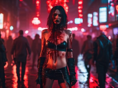 1girl,breasts,looking at viewer,short hair,black hair,gloves,navel,bare shoulders,medium breasts,multiple boys,shorts,solo focus,midriff,blurry,lips,torn clothes,short shorts,strapless,blood,makeup,blurry background,black shorts,lipstick,blood on face,realistic,blood on clothes,zombie,neon lights,skirt,small breasts,miniskirt,fingerless gloves,denim,zipper,injury,crowd