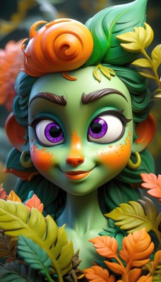 1girl,solo,looking at viewer,smile,open mouth,jewelry,purple eyes,collarbone,flower,multicolored hair,earrings,green hair,artist name,orange hair,blurry,blurry background,colored skin,leaf,thick eyebrows,plant,portrait,freckles,hoop earrings,furry female,green skin,long hair,blush,hair ornament,:d,eyelashes,monster girl,orange skin