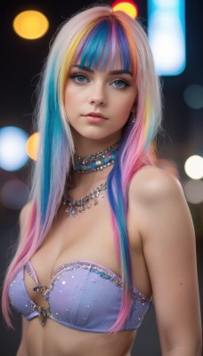 1girl,solo,long hair,breasts,looking at viewer,bangs,blue eyes,blonde hair,cleavage,bare shoulders,jewelry,medium breasts,closed mouth,underwear,blue hair,upper body,pink hair,multicolored hair,earrings,small breasts,choker,artist name,blunt bangs,necklace,bra,mole,blurry,two-tone hair,lips,streaked hair,head tilt,eyelashes,strapless,makeup,depth of field,blurry background,freckles,mole on breast,realistic,nose,blue bra,bokeh,strapless bra,parted lips,watermark,lipstick,web address,eyeshadow,pink lips,mascara,mole on body