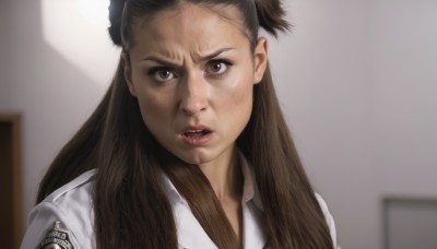 1girl,solo,long hair,looking at viewer,open mouth,brown hair,shirt,brown eyes,jewelry,white shirt,upper body,earrings,parted lips,teeth,indoors,mole,blurry,two side up,lips,blurry background,parody,portrait,forehead,freckles,realistic,black hair