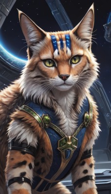 solo,looking at viewer,jewelry,closed mouth,green eyes,yellow eyes,upper body,necklace,no humans,animal,cat,slit pupils,star (sky),armlet,starry sky,space,animal focus,planet,whiskers,sky,artist name,signature,armor,realistic