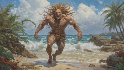 solo,open mouth,1boy,full body,flower,male focus,outdoors,sky,barefoot,teeth,day,cloud,water,tree,blue sky,muscular,bird,ocean,beach,cloudy sky,plant,topless male,monster,running,rock,sand,palm tree,waves,long hair,blonde hair,navel,floating hair,fangs,abs,pectorals,muscular male,angry,beard,walking,veins,realistic,manly,shouting,loincloth,leg hair,screaming