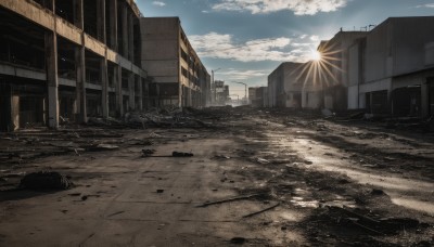 outdoors,sky,day,cloud,blue sky,no humans,sunlight,cloudy sky,building,scenery,sunset,light rays,city,sun,road,sunbeam,ruins,lamppost,street,window,lens flare,rock,debris,rubble