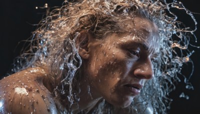 1girl,solo,blonde hair,simple background,brown hair,1boy,closed eyes,male focus,parted lips,teeth,dark skin,water,from side,lips,wet,profile,black background,portrait,water drop,realistic,nose,freckles,dirty