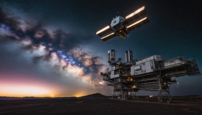 outdoors,sky,cloud,military,no humans,night,ocean,fire,star (sky),night sky,scenery,smoke,starry sky,machinery,flying,science fiction,aircraft,space,spacecraft,robot,realistic,thrusters,milky way