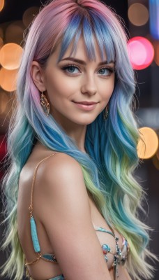 1girl,solo,long hair,breasts,looking at viewer,smile,bangs,blue eyes,bare shoulders,jewelry,medium breasts,closed mouth,underwear,blue hair,swimsuit,upper body,pink hair,bikini,multicolored hair,earrings,green hair,bra,blurry,from side,two-tone hair,lips,looking to the side,eyelashes,aqua hair,gradient hair,makeup,depth of field,blurry background,gem,freckles,realistic,nose,bokeh,small breasts,artist name,watermark,wavy hair,web address,blue bra,mascara,rainbow hair