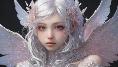 1girl,solo,long hair,looking at viewer,bangs,simple background,hair ornament,bare shoulders,flower,white hair,parted lips,wings,artist name,hair flower,lips,grey eyes,petals,eyelashes,wavy hair,black background,portrait,feathered wings,freckles,angel wings,realistic,white wings,angel,blush,green eyes,parted bangs,makeup,white flower,nose