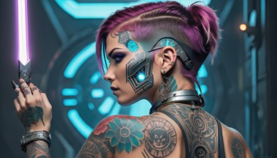 1girl,solo,short hair,blue eyes,holding,jewelry,upper body,ponytail,weapon,pink hair,purple hair,earrings,sword,artist name,dark skin,from behind,holding weapon,bracelet,lips,tattoo,profile,makeup,piercing,ring,knife,ear piercing,science fiction,short ponytail,nose,arm tattoo,shoulder tattoo,undercut,facial tattoo,cyborg,hair pulled back,glowing weapon,energy sword,mohawk,cyberpunk,neck tattoo,nose piercing,choker,collar,glowing,portrait,black nails,eyeshadow,realistic,eyeliner,back tattoo,full-body tattoo,eyebrow piercing