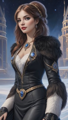 1girl,solo,long hair,breasts,looking at viewer,blush,brown hair,long sleeves,dress,cleavage,brown eyes,jewelry,medium breasts,cowboy shot,earrings,outdoors,parted lips,sky,belt,necklace,nail polish,black dress,lips,coat,fur trim,makeup,night,lipstick,gem,star (sky),night sky,snow,pendant,starry sky,gold trim,red lips,black nails,bridal gauntlets,realistic,castle