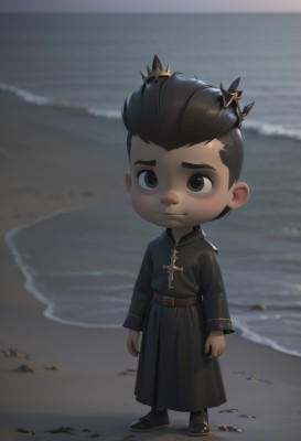 solo,looking at viewer,short hair,black hair,long sleeves,1boy,brown eyes,closed mouth,standing,full body,male focus,outdoors,belt,water,chibi,black footwear,black eyes,ocean,beach,cross,aged down,crown,child,robe,sand,arms at sides,male child,hair slicked back,shore,smile,rock