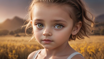 1girl,solo,looking at viewer,short hair,brown hair,bare shoulders,brown eyes,closed mouth,yellow eyes,hairband,outdoors,blurry,lips,eyelashes,depth of field,blurry background,child,portrait,forehead,freckles,realistic,female child,field,flower,sky,wind,close-up,mountain