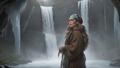 1girl,solo,long hair,brown hair,long sleeves,1boy,closed mouth,standing,outdoors,water,from side,tree,sunlight,robe,rock,bandana,waterfall,cliff,cave,looking at viewer,brown eyes,japanese clothes,lips,headband,wavy hair,parody,fog,blue headband