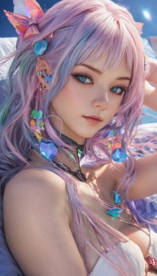 1girl,solo,long hair,breasts,looking at viewer,smile,bangs,blue eyes,hair ornament,cleavage,bare shoulders,jewelry,medium breasts,closed mouth,blue hair,swimsuit,upper body,pink hair,bikini,multicolored hair,earrings,lying,choker,lips,eyelashes,makeup,black choker,white bikini,piercing,gem,ear piercing,crystal,realistic,nose,flower,sky,necklace,arm up,looking to the side,gradient hair,feathers,arm behind head