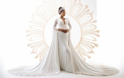 1girl,solo,looking at viewer,simple background,black hair,long sleeves,white background,dress,jewelry,standing,full body,earrings,dark skin,hair bun,white dress,dark-skinned female,single hair bun,own hands together,tiara,crown,realistic,long dress,breasts,hat,cleavage,makeup,wedding dress