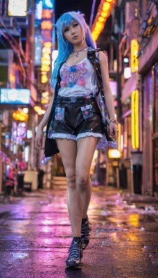 1girl,solo,long hair,breasts,looking at viewer,bangs,blue eyes,shirt,jewelry,blue hair,standing,jacket,full body,white shirt,earrings,boots,outdoors,open clothes,shoes,shorts,sleeveless,choker,belt,necklace,nail polish,black footwear,blurry,vest,bracelet,two side up,lips,black jacket,head tilt,short shorts,blurry background,black shorts,walking,denim shorts,city,realistic,road,print shirt,street,neon lights,hair ornament,twintails,bag,bare legs,night,depth of field,phone,cellphone,tank top,denim,rain,pavement