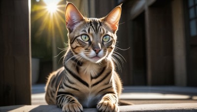 HQ,solo,looking at viewer,closed mouth,green eyes,outdoors,day,indoors,blurry,no humans,window,depth of field,blurry background,animal,sunlight,cat,realistic,door,sun,animal focus,whiskers,weibo username,sitting,yellow eyes,signature,slit pupils,colored sclera,yellow sclera