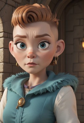 1girl,solo,breasts,looking at viewer,short hair,blue eyes,brown hair,shirt,jewelry,closed mouth,upper body,earrings,artist name,indoors,necklace,orange hair,vest,lips,fur trim,eyelashes,makeup,freckles,nose,blue vest,brick wall,bell,thick eyebrows,very short hair