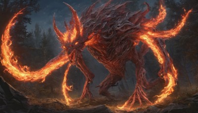 solo,open mouth,standing,tail,outdoors,horns,sky,teeth,tree,orange eyes,no humans,night,glowing,fire,sharp teeth,nature,night sky,glowing eyes,claws,forest,monster,fantasy,molten rock,wings,scenery,dragon