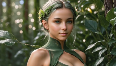 1girl,solo,breasts,looking at viewer,smile,short hair,hair ornament,cleavage,bare shoulders,jewelry,medium breasts,closed mouth,green eyes,upper body,grey hair,earrings,pointy ears,artist name,blurry,lips,grey eyes,clothing cutout,depth of field,blurry background,leaf,watermark,cleavage cutout,feathers,plant,portrait,nature,freckles,realistic,nose,blue eyes,dress,outdoors,sleeveless,eyelashes,forest,green dress,bokeh