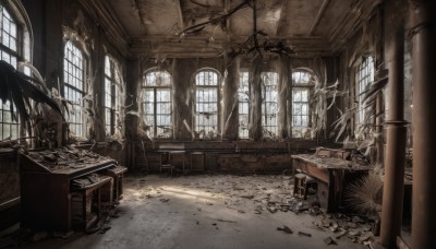 day,indoors,no humans,window,chair,table,sunlight,plant,scenery,light rays,glass,sunbeam,ruins,broken,pillar,crack,broken glass,rubble,chandelier,broken window,weapon,sword,desk,stairs,door,drawer,treasure chest