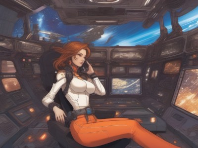 1girl,solo,long hair,breasts,looking at viewer,large breasts,brown hair,brown eyes,jewelry,medium breasts,sitting,earrings,sky,belt,pants,lips,bodysuit,star (sky),skin tight,science fiction,space,planet,spacecraft,cockpit,holographic interface,orange pants,makeup,lipstick,pilot suit,earth (planet),spacesuit