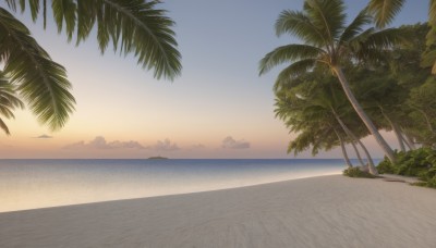 outdoors,sky,day,cloud,water,tree,blue sky,no humans,ocean,beach,sunlight,ground vehicle,nature,scenery,motor vehicle,sunset,sand,palm tree,horizon,gradient sky,shore,military,plant,aircraft,military vehicle,bush,watercraft,vehicle focus,ship,island