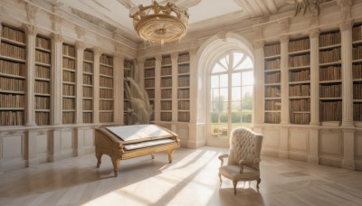 day,indoors,tree,book,no humans,window,shadow,chair,table,sunlight,plant,curtains,scenery,couch,light rays,wooden floor,open book,clock,bookshelf,book stack,library,armchair,globe,reflective floor,chandelier