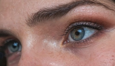 1girl,solo,looking at viewer,blue eyes,blurry,eyelashes,close-up,freckles,reflection,realistic,eye focus,1boy,green eyes,male focus