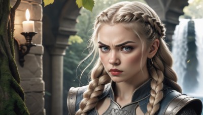 1girl,solo,long hair,looking at viewer,blue eyes,blonde hair,jewelry,closed mouth,upper body,braid,earrings,outdoors,day,artist name,water,armor,blurry,twin braids,tree,lips,makeup,depth of field,blurry background,leaf,lipstick,shoulder armor,portrait,freckles,pauldrons,realistic,nose,red lips,stud earrings,candle,waterfall,signature,grey eyes,forehead,serious,pillar,column