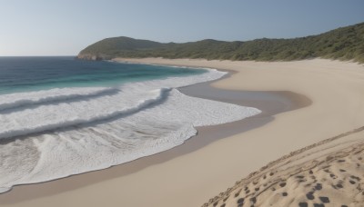 outdoors,sky,day,water,blue sky,no humans,shadow,ocean,beach,scenery,mountain,sand,horizon,waves,landscape,shore,desert,footprints,simple background