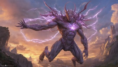 1boy,male focus,outdoors,horns,sky,teeth,artist name,cloud,armor,muscular,glowing,cloudy sky,glowing eyes,claws,monster,mountain,fantasy,electricity,giant,lightning,demon,red eyes,multiple boys,2boys,cape,no humans,scenery,floating,flying,sunset,rock,extra arms,alien