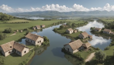 outdoors,sky,day,cloud,water,tree,blue sky,no humans,window,cloudy sky,grass,building,nature,scenery,forest,reflection,mountain,road,house,river,landscape,lake,hill,town,from above,bush,path